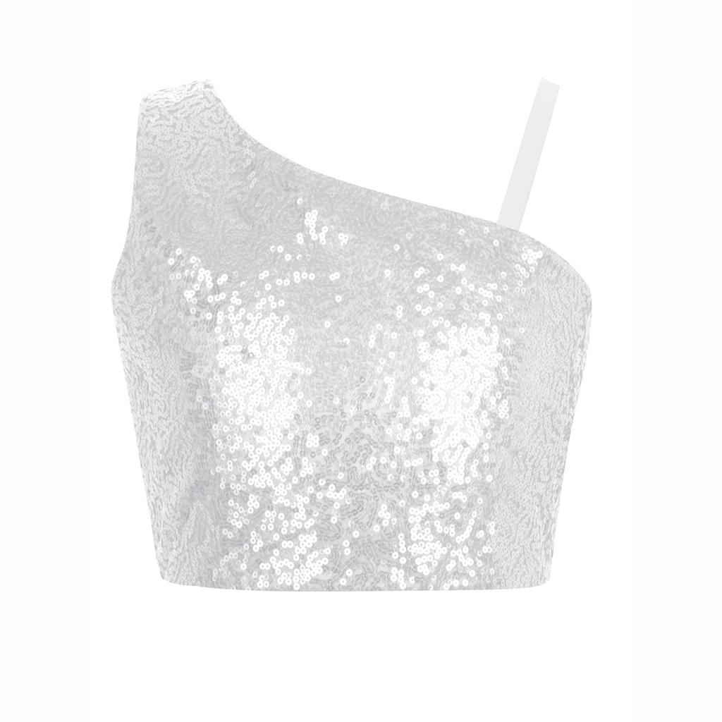 Mädchen Unifarben Spaghettiträger Ärmellos Schulterfrei Glitzernd Pailletten Oberteile Bankett Hochzeit Feier Oberteil