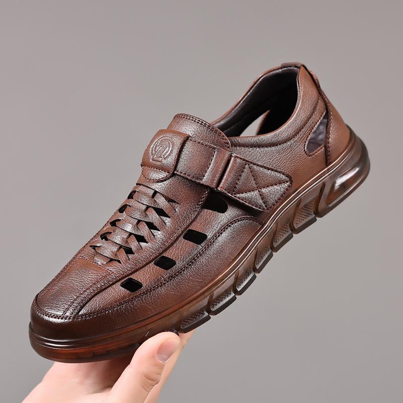 Breathable Men'S Leather Sandals Cowhide Hollow Hole Shoes Casual Soft Sole Dad Sandals