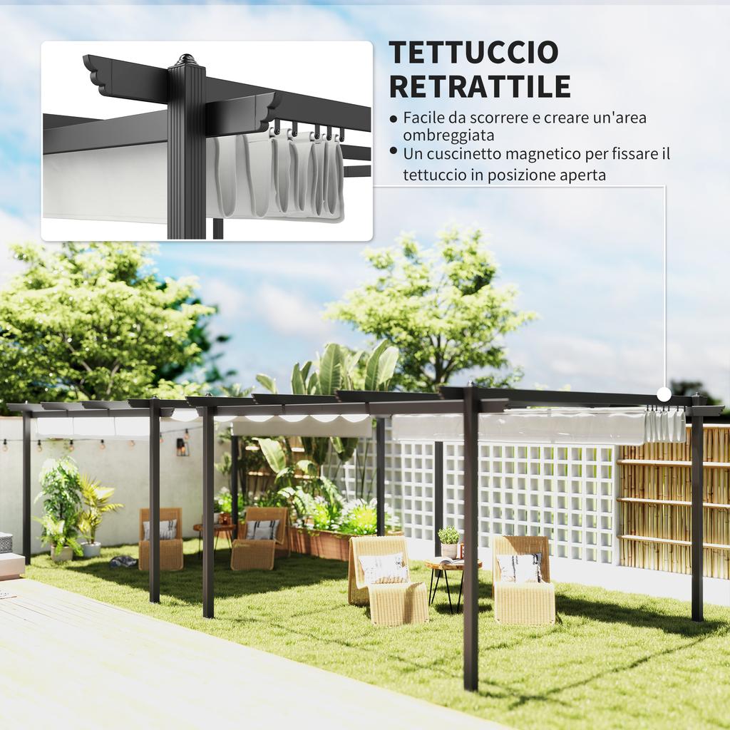 Gazebo Pergola 4x4 M with Retractable Canopy, 8 Screws and 8 Stakes In Aluminum, Polyester and Metal, White