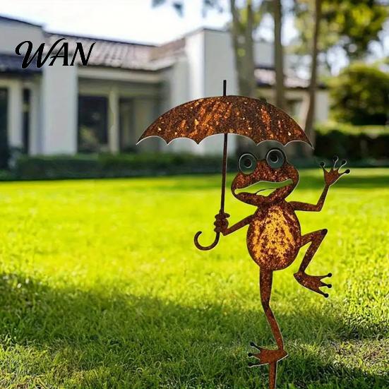 Umbrella Frog Garden Decoration Rusty Stake Cute Holding Yard Art Metal Iron Outdoor Ornament for Lawn Flowerbed Courtyard Decor Retro Style