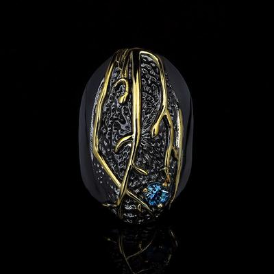 Retro-Punk-Stil-Ring für Damen, Muschel-Slub-Muster-Ring, blauer Zirkon-Schmuckring, schwarzer Gold-Stil, Schmuck, Hochzeit, Brautring