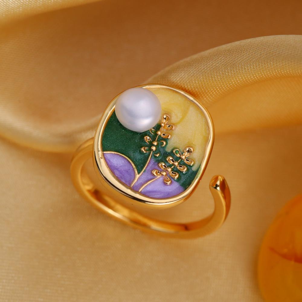 seniko Naturlige ferskvannsperleringer for kvinner mote kvinnelige cubic zirconia CZ blomsterring perle smykker justerbar ring