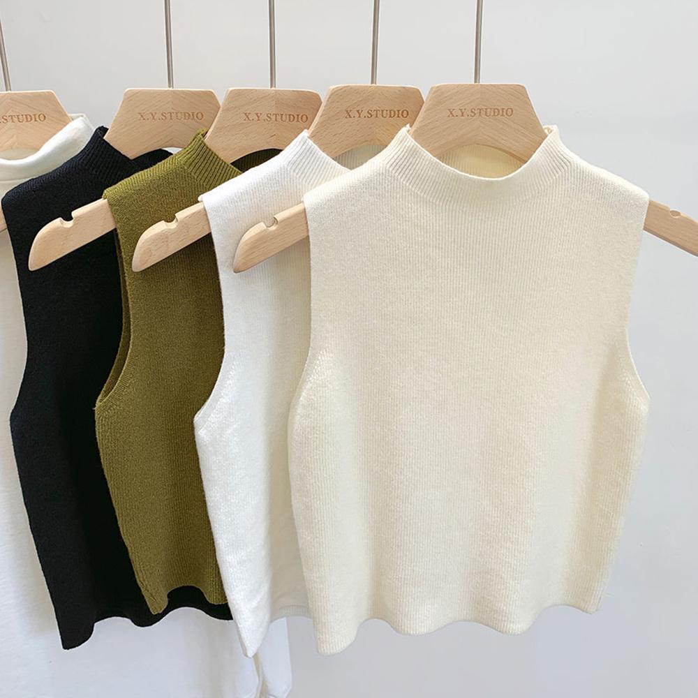 Women's Knitted Vest Solid Color Tank Top Half-turtleneck Slim Sweater Cropped Camisole Tees Sleeveless Sweaters Pullovers