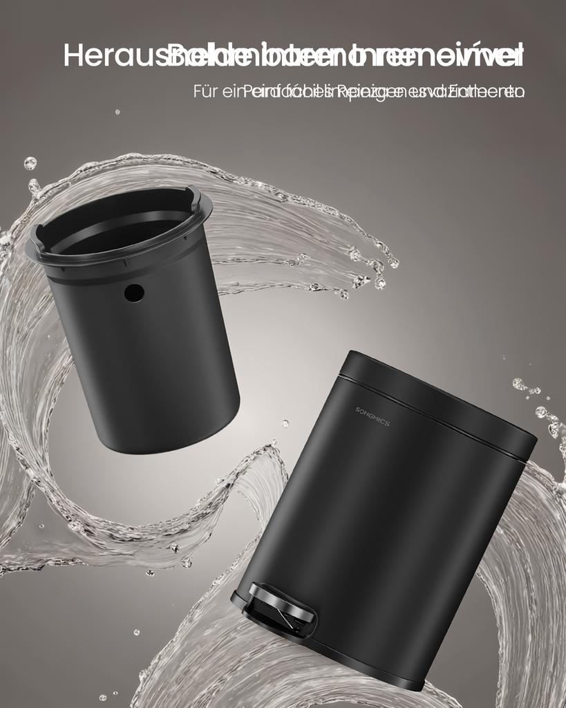 SONGMICS Bathroom Pedal Bin, 0.8 Gallon (3 L) Steel Toilet Bin with Soft-Close Lid, Inner Bucket, for Waste, Bedroom, Ink Black