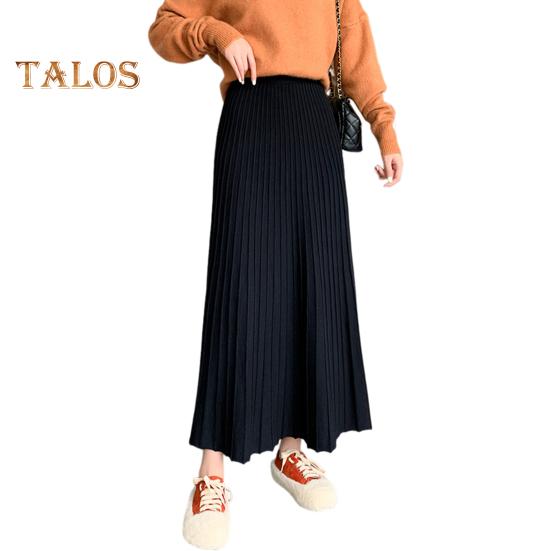 

Женская трикотажная юбка с высокой талией, однотонная юбка А-силуэта, свободная плиссированная юбка, длинная юбка на осень-зиму чёрный