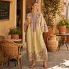Abito Lungo Boho Casual da Donna, Estivo Lungo Bohémien con Stampa Ricamata, Manica 3/4 Scollo a V Svasato, Abiti da Vacanza con Tasche