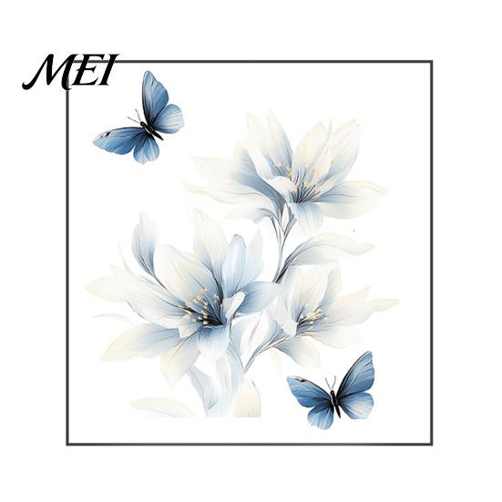 Botanical Wall Accents for Modern Interior Ink-Washed Blue Floral Stickers with Butterflies, Delicate Lily Peel And Stick Waterproof Decorative