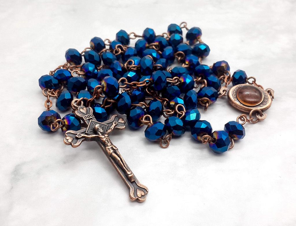 Nazareth Store Deep Blue Crystal Beads Rosary Necklace Catholic Prayer Jerusalem Holy Soil Medal Cross Holy Land Antique Religious Rosary Beads