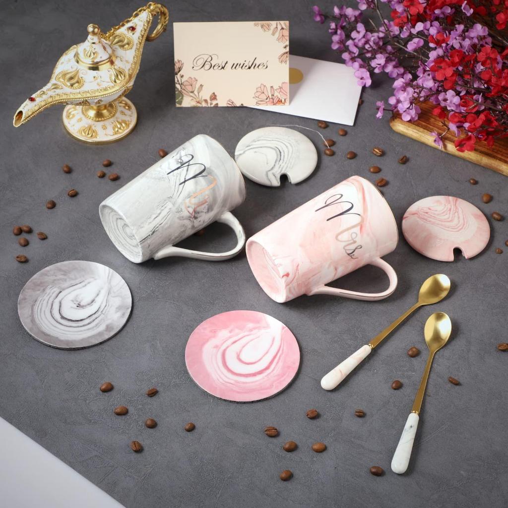 Coffee Mug, Marriage Gifts for Wedding, Couple Gift, Christmas Gifts, Mr & Mrs Set of 2 Coffee Mugs, Lids, Ceramic Spoons, Coasters