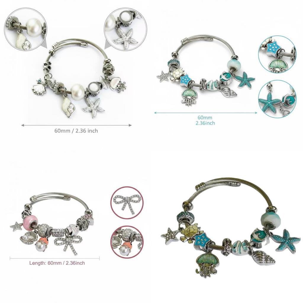 Ocean Theme Stainless Steel Beaded Bracelet With Starfish Sea Creatures For Women Summer Jewelry