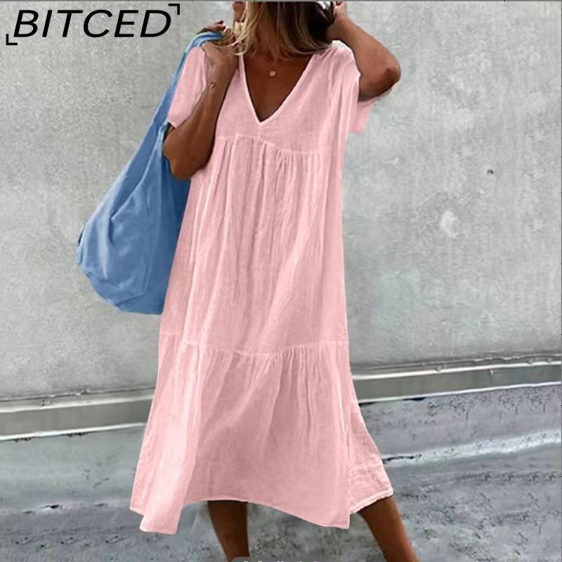 BITCED Women's Fashion Summer Spring Solid Color Print Short Sleeve V-Neck High Waist Casual Dresses