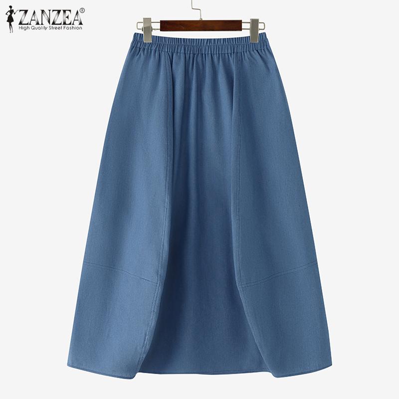 ZANZEA Womens Summer Casual Elastic Waist Solid Color Loose Skirts