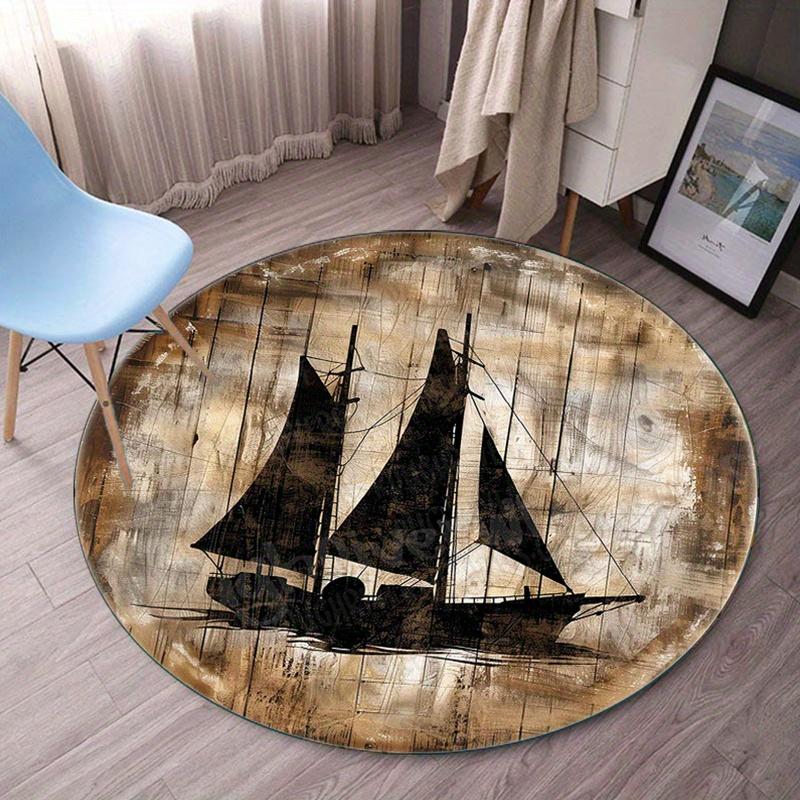 

Vintage sailingship round rug nautical ocean theme living room floor mat rusticwooden background carpet for home or coastaldecor 60cm x 60cm