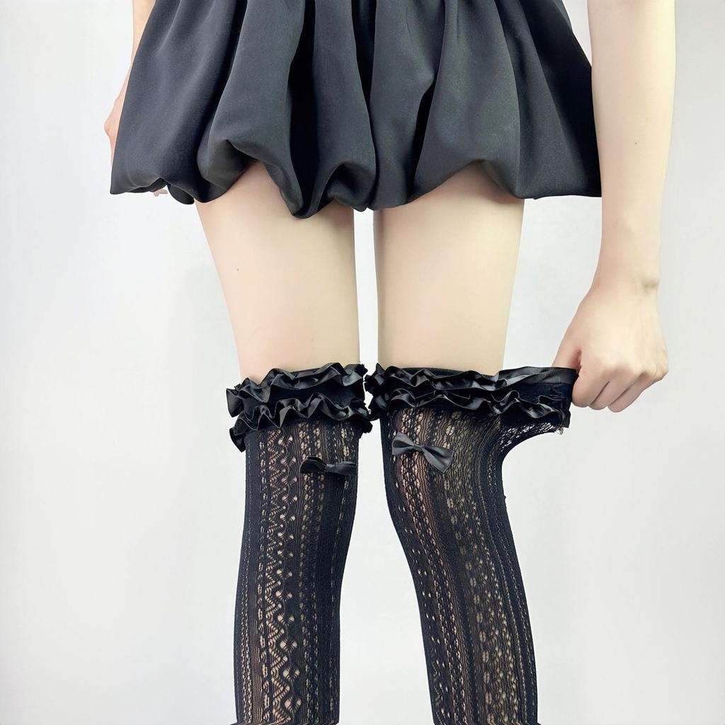 Retro Lolita Lace Bow Over-the-Knee Socks Hollow Lace Mary Jane Sweet Mid-Calf Socks Summer Thin Short Socks