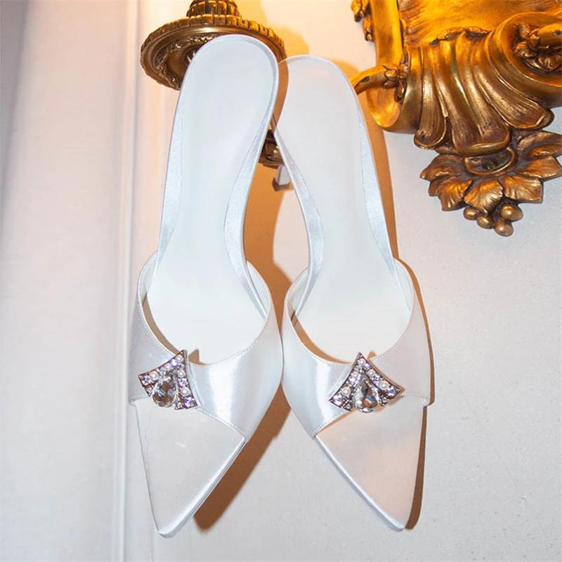 Eilyken Fashion Crystal Pointed Toe Slippers Women Thin High Heels Slide Shoes Sandals Summer Party Size 40 34 белый 4460₽