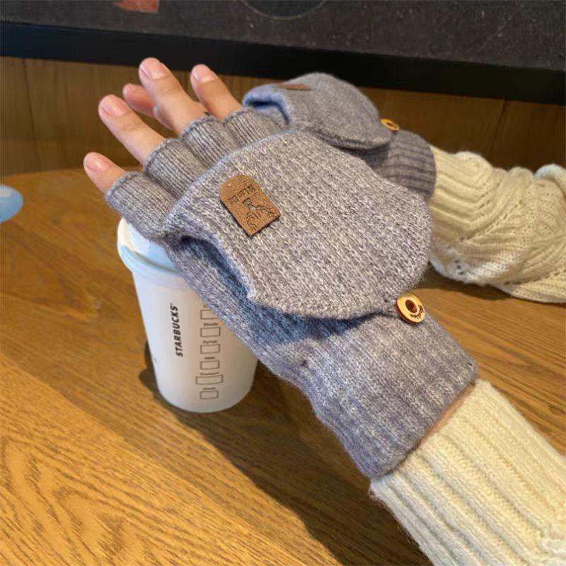 Half Finger Winter New Knitted Thermal Gloves Men's Outdoor Windproof Flip Plush Student Writing