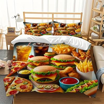 Bettwäsche-Set mit Hamburger- und Hähnchenmotiven (Fast Food), digital bedruckt, kuschelig weich, für Kingsize-, Queensize-, Twin- und Einzelbettgrößen, Geburtstagsgeschenk