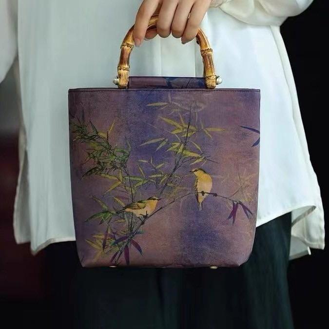 Retro Cheongsam Crossbody Tote with Bamboo Handle - Large Capacity, Chinese National Style