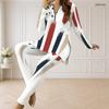 Women Plus Size Red White Blue Printed Half Zip Long Sleeve Long Top Fitted Pants Two Piece Set