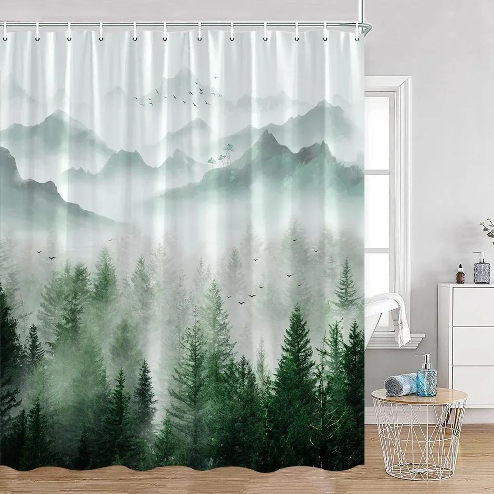 Mist Forest Shower Curtain Snow-capped Pines Nature Landscape Simple Bathroom Decorative Modern Polyester Shower Curtain