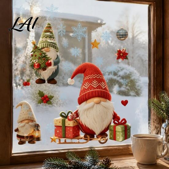 Reusable Static Decals Christmas Gnome Window Cling Waterproof Snowflake Glass Decal PVC Faceless Dwarf Sticker for Holiday Decoration Festive