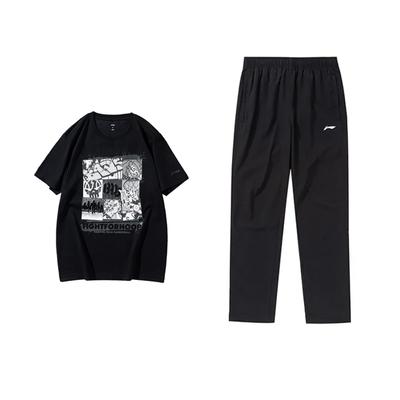 Li Ning Basketball Series Round Neck Pullover Short Sleeve Lightweight Drawstring Quick Dry Long Pants Casual Sports Set AHSUA27-2+AYKU703-1