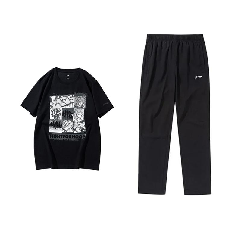 

Баскетбольная серия Li Ning Пуловер с круглым вырезом и короткими рукавами Легкий на кулиске Быстросохнущие длинные брюки Повседневный спортивный костюм AHSUA27-2+AYKU703-1 S