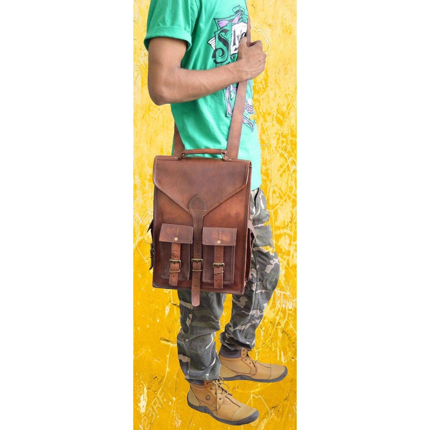 

Мужской винтажный рюкзак из натуральной кожи для ноутбука, сумка-мессенджер, портфель 15 x 11 x 4 in