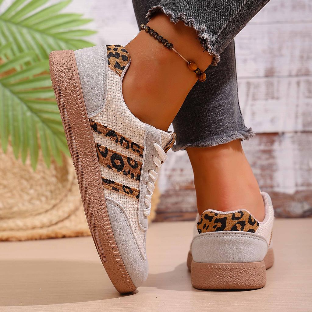 Sneakers Women Casual Shoes Women Low-Top  Golden Leopard Print Lace-Up Ankle Strap Moccasin Style Shoes Minimalist  All Season