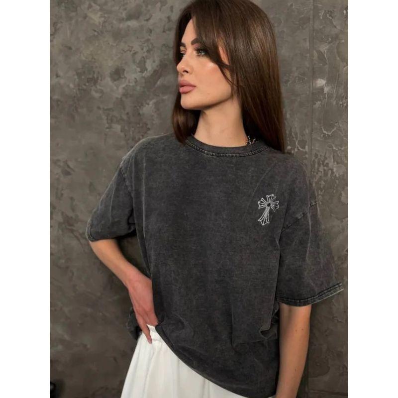 New Printed T-shirt Western Style New Distressed Washed Black Hot Drilling Loose Short Sleeve Cotton T-shirt Top