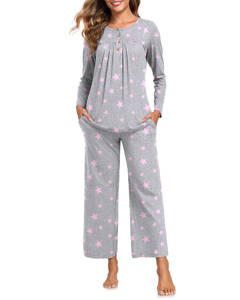 Women's Long Sleeve Pajama Set: 2-Piece with Pockets, Casual Homewear - Long Pants