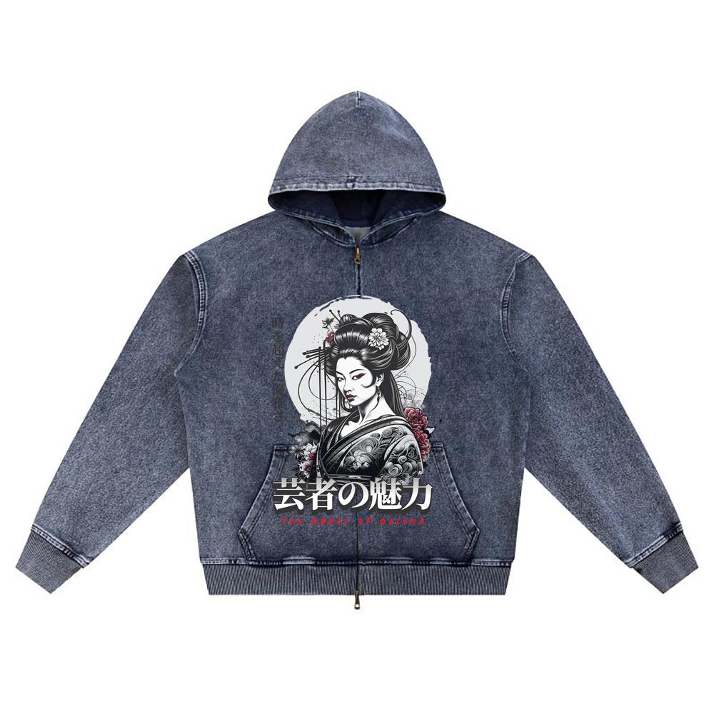

DTG print Knitted Denim Zip-Up Hoodie The Grace of Geisha Brother Print Zipper Hoodies XL темно-синий