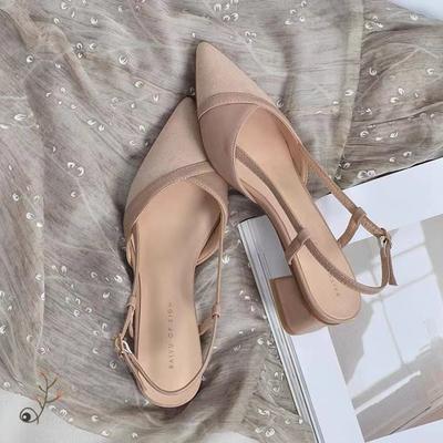 Low-heeled Single Shoes Women's Summer New Bag Head Back Empty Word with Middle Heel Sandals Pointed Small Fragrant Thick Heel Shoes