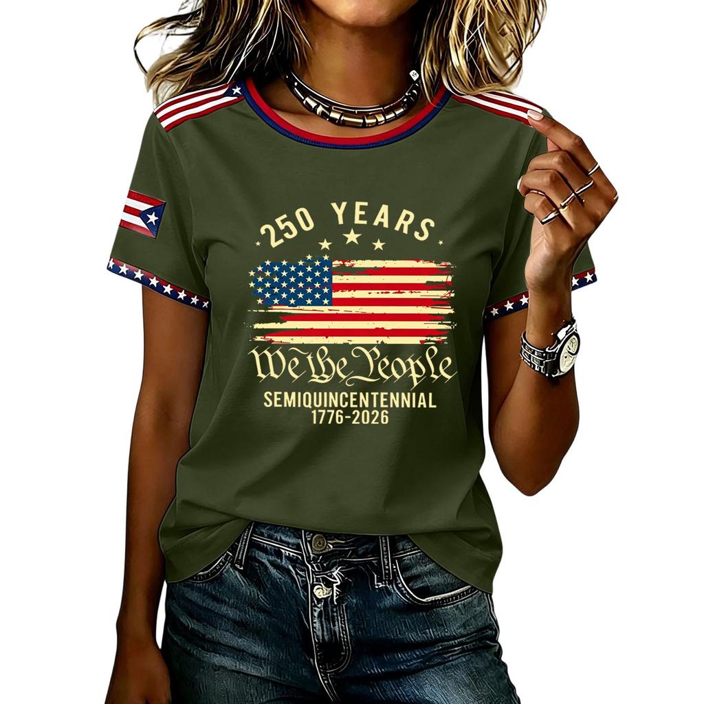 Womens Short Sleeve Crew Neck T Shirt Semiquincentennial 250 Years We the Flag Print Casual Top