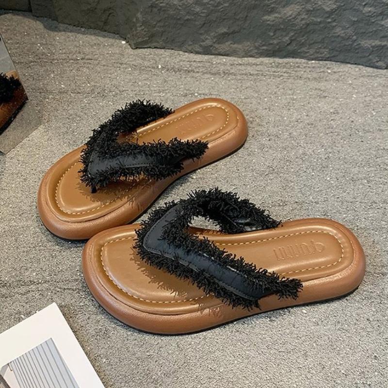 

Французские ретро тапочки с закрытым носком на толстой подошве с бахромой для женщин, идеально подходят для летних прогулок, пляжа и повседневной носки 40 чёрный