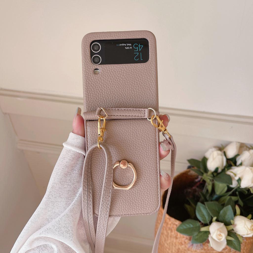 Applicable To Samsung ZFlip4 Folding Messenger Lychee Pattern Zflip3 Ring Mirror Card Bag Long Lanyard Protective Cover