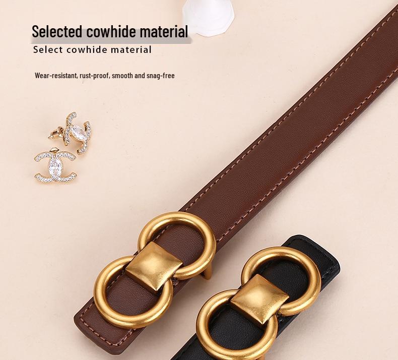 Women's Retro Slim Genuine Leather Belt, Versatile and Fashionable, for Dresses and Jeans, with Pin Buckle Decor.
