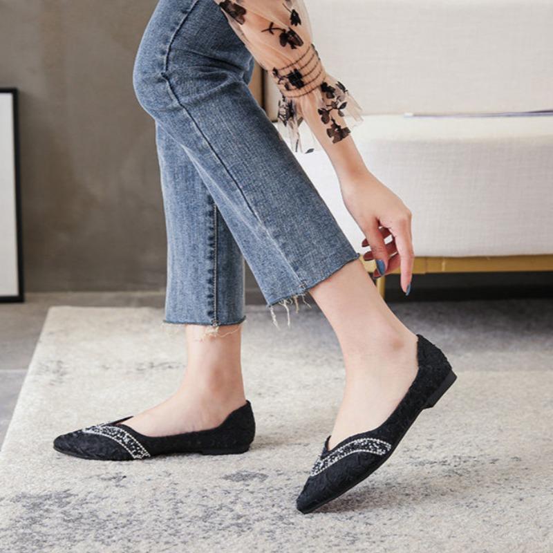 Fashion Women's Flat Shoes Pointed Toe Slip-on Office Ladies Footwear Diamond Trends 2025 New Arrival Stylish Korean Aesthetic Offer In