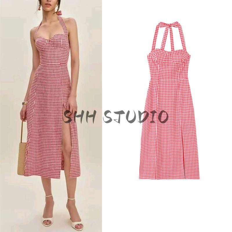 Summer New Product Women's Clothes Vacation Style Plaid Halterneck Lace-up Sleeveless Silm Waist-Tight Split Long Dress