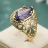Fashion Gorgeous Purple Synthetic Zirconia Hollow Golden Ring for Women Vintage Elegant Style Banquet Wedding Jewelry Accessory