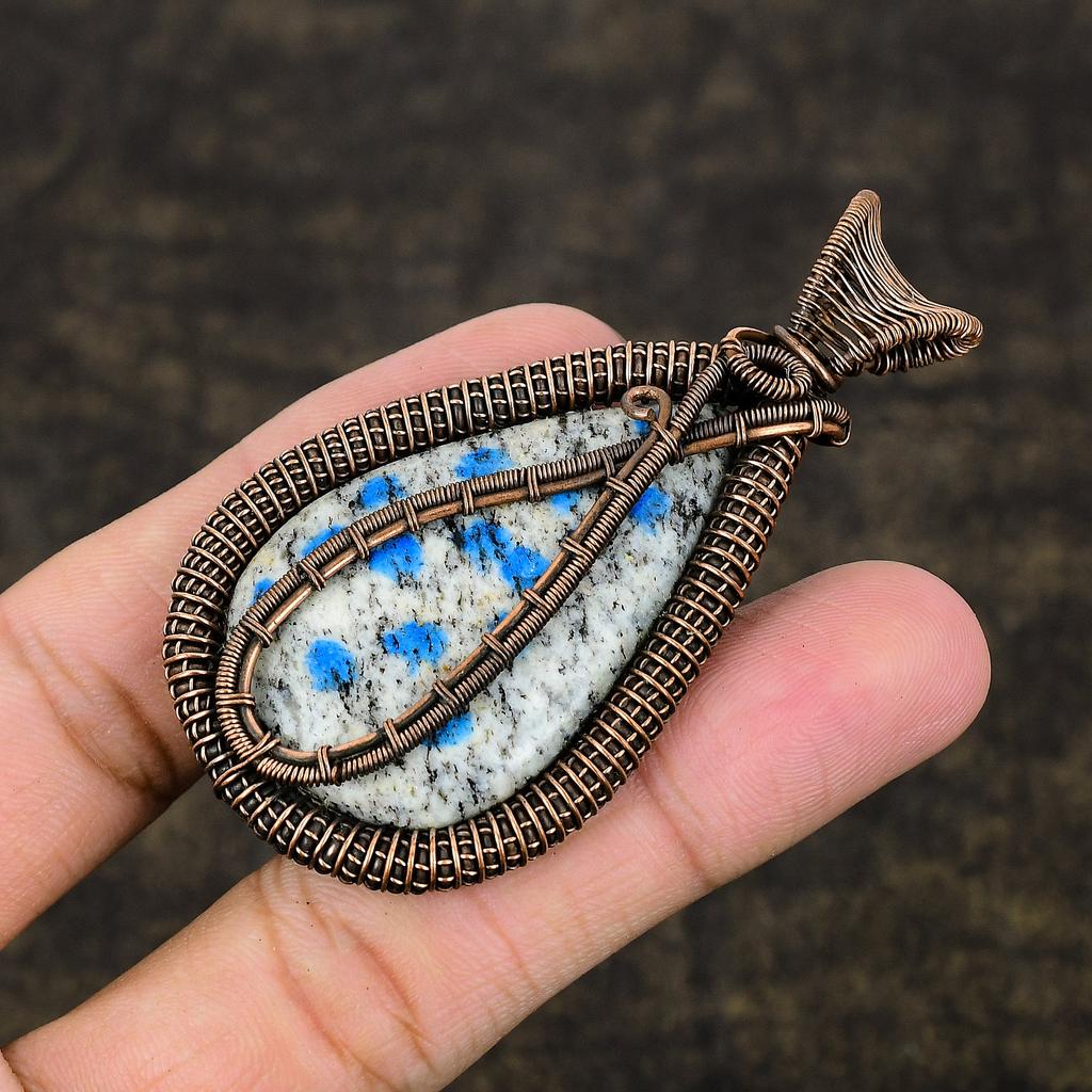 Natural K2 Blue Azurite Gemstone Handmade Copper Wire Wrap Pendant 2.83 t8C11