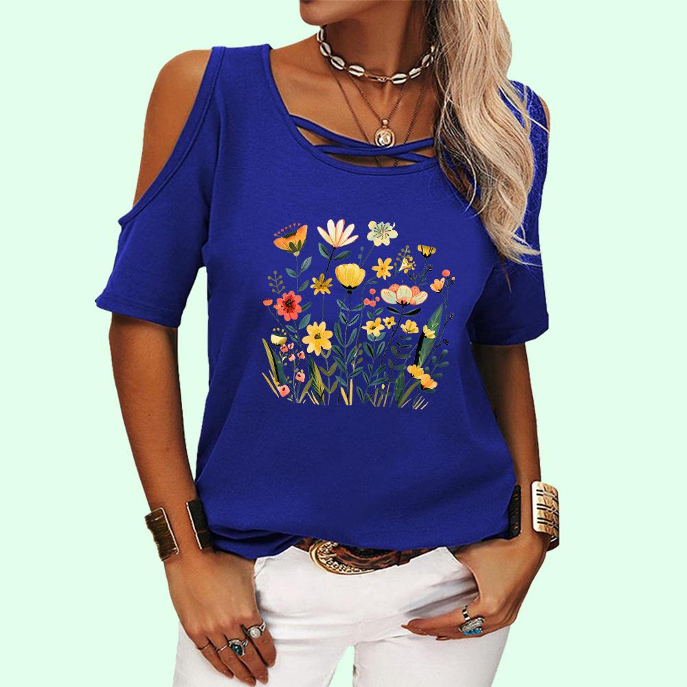 T-shirt Mode Femme Col Rond Imprimé Floral Pull Été Haut Épaules Dénudées Décontracté Manches Courtes
