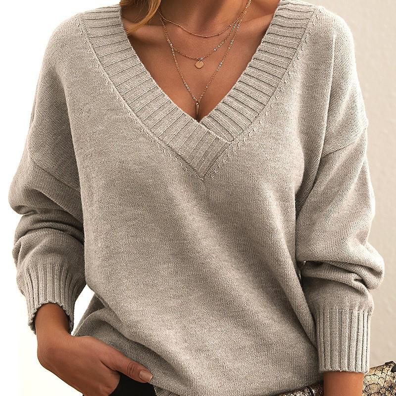 2025 European & American Loose V-Neck Pullover Sweater for Women - New Casual Knitwear Style