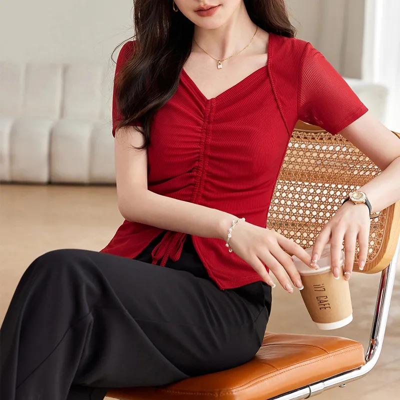 

Женская футболка с V-образным вырезом, драпировкой, облегающего кроя, из прозрачной сетки, с короткими рукавами, элегантный повседневный топ L красный