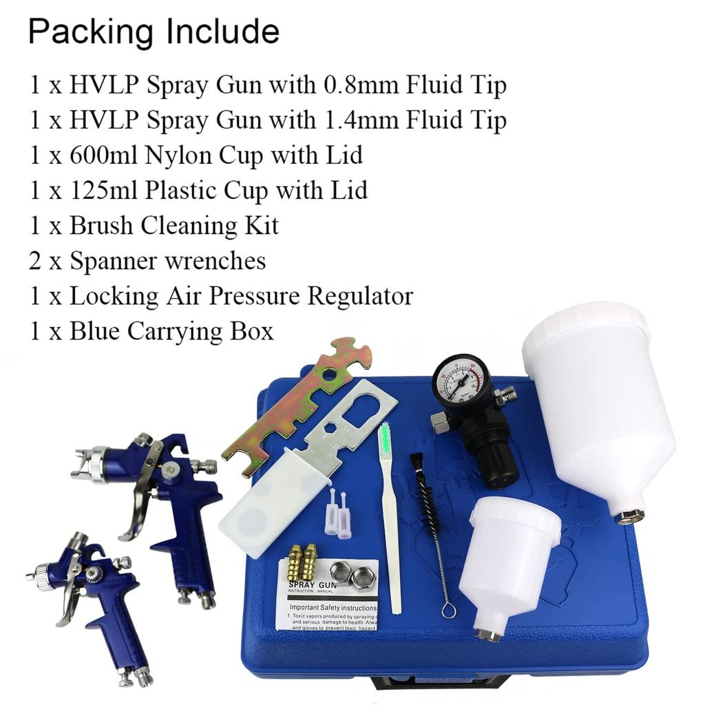 2 Pcs/Set HVLP Paint Sprayer Set, 0.8MM & 1.4MM Nozzle Professional Air Gravity Feed Spray Gun Kit for Car Furniture Painting