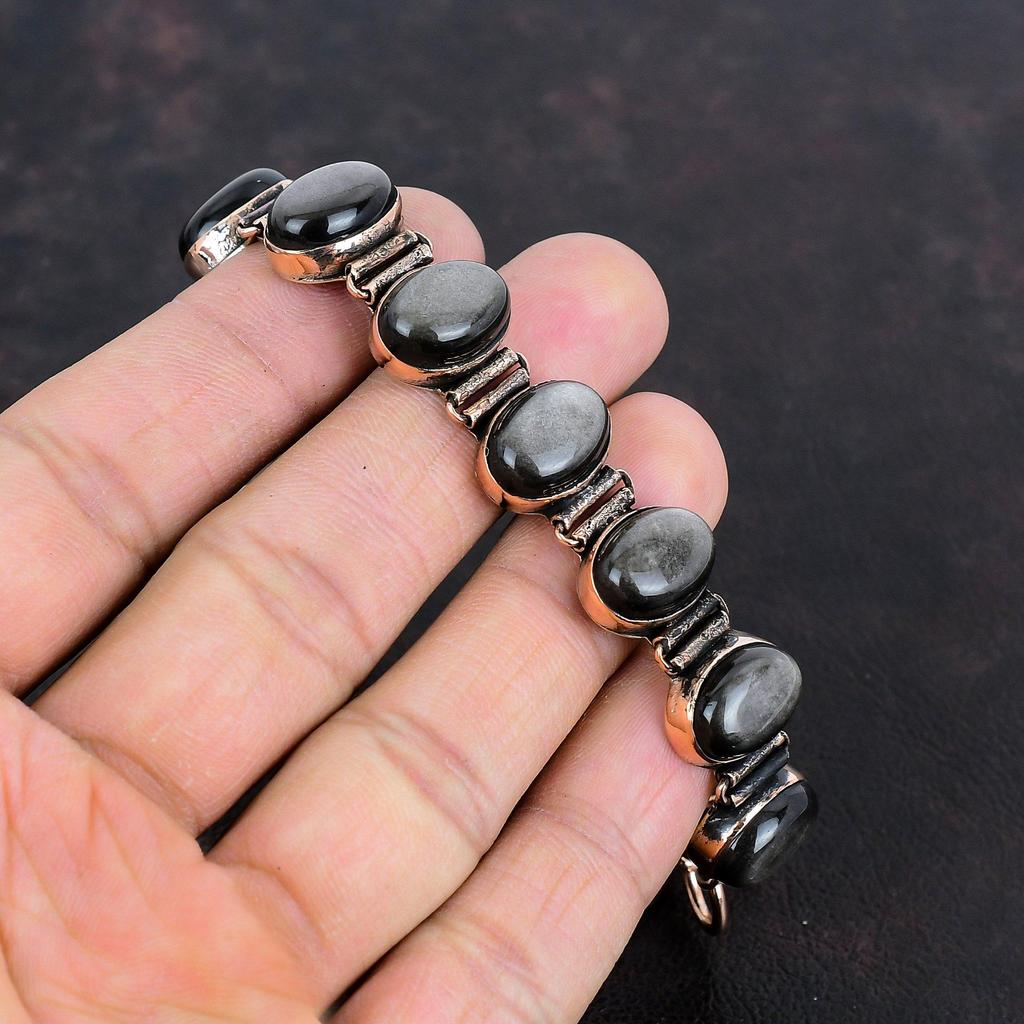 Silver Sheen Obsidian Bracelet Copper Gemstone Bracelet Adjustable Chain Bracelet Silver Sheen Obsidian Handmade Jewelry Anniversary Gifts