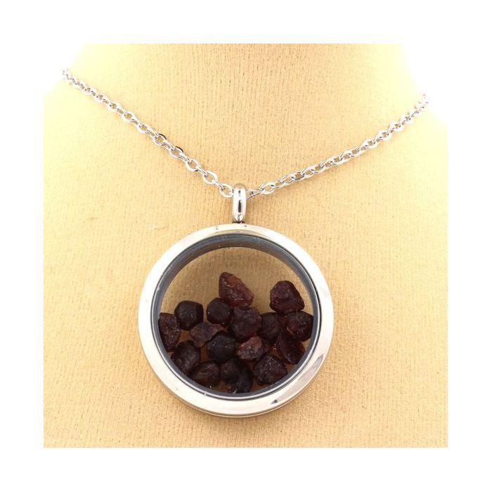 Stones and Minerals. Raw Garnet Necklace. 20 Mm Medallion Model. Color Silver.