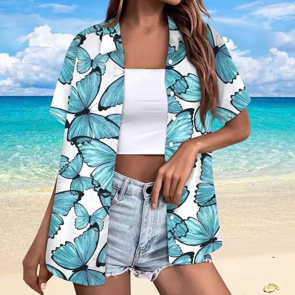 Print Graffiti Cardigan Women Short Sleeve Tops Loose V-Neck Summer Streetwear Shirts Female Single Breasted Casual Blouses 2024