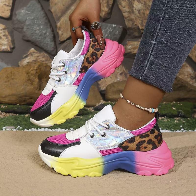 Women's Spring-Autumn Thick-Soled Leopard-Print Color-Blocked Lace-Up Dad Casual Sports Shoes, Available In Large Sizes.