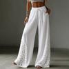 Women's Color Wide Leg Pants with Lace Pockets - Casual Loose Fit Drawstring Elastic Waist Trousers